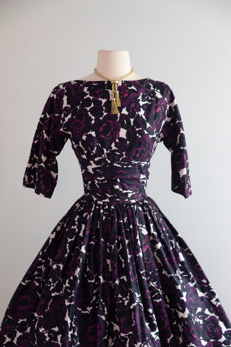Gorgeous 1950's Jonathan Logan Gothic Rose Print Polished Cotton Dress / ML