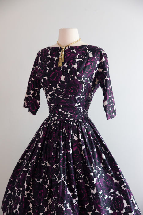 Gorgeous 1950's Jonathan Logan Gothic Rose Print Polished Cotton Dress / ML