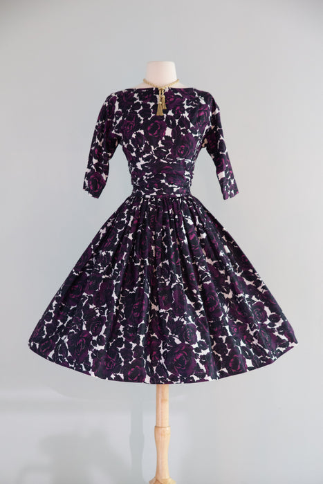 Gorgeous 1950's Jonathan Logan Gothic Rose Print Polished Cotton Dress / ML