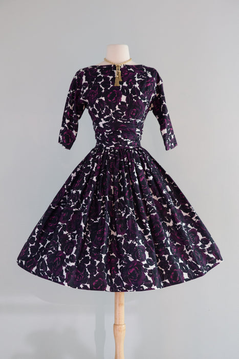Gorgeous 1950's Jonathan Logan Gothic Rose Print Polished Cotton Dress / ML