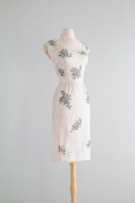 Stunning 1960's Ivory Beaded Silk Cocktail Dress With Blue Flowers / ML
