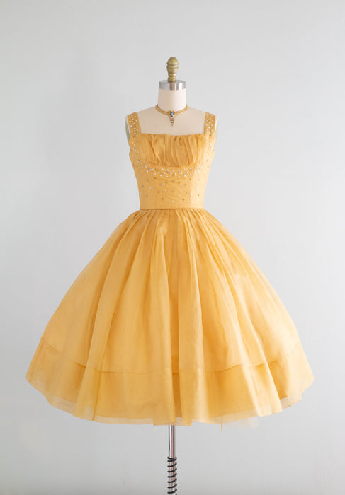 Fabulous 1950's Golden Silk Organza Party Dress By Flair / XS