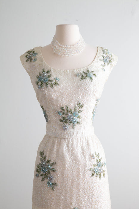Stunning 1960's Ivory Beaded Silk Cocktail Dress With Blue Flowers / ML