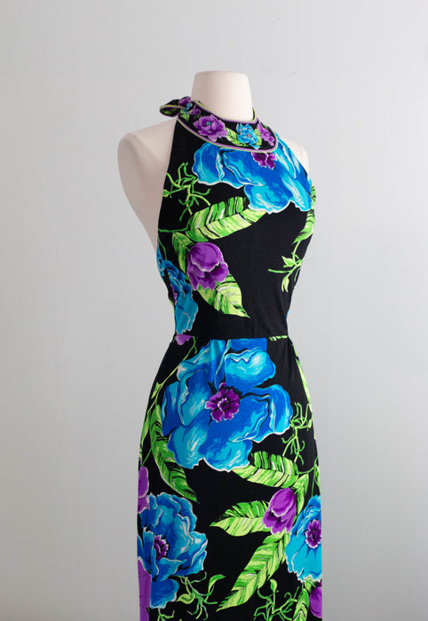 Divine 1970's Mr Dino Halter Neck Deep Tropical Floral Print Maxi Dress / SM
