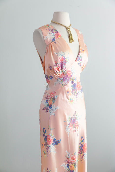 Dreamy 1940's Bias Cut Peach Satin Slip Dress With Floral Print By Corticelli / ML