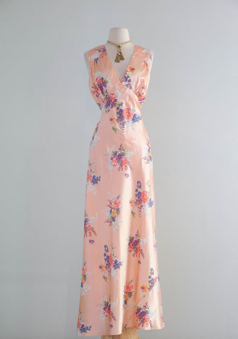 Dreamy 1940's Bias Cut Peach Satin Slip Dress With Floral Print By Corticelli / ML