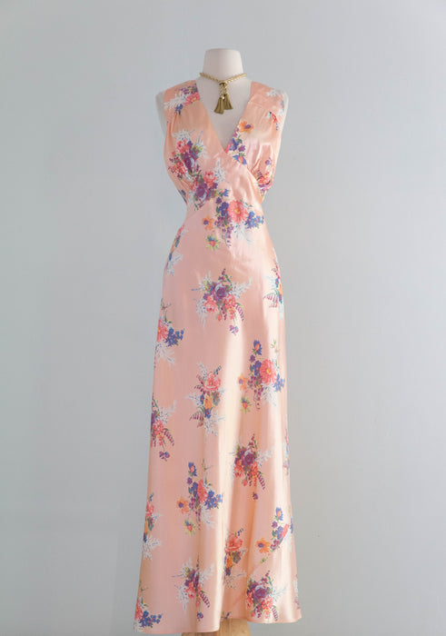 Dreamy 1940's Bias Cut Peach Satin Slip Dress With Floral Print By Corticelli / ML