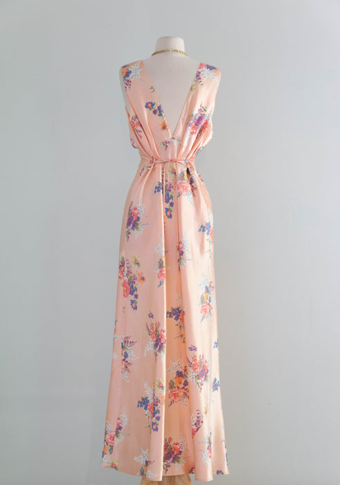 Dreamy 1940's Bias Cut Peach Satin Slip Dress With Floral Print By Corticelli / ML