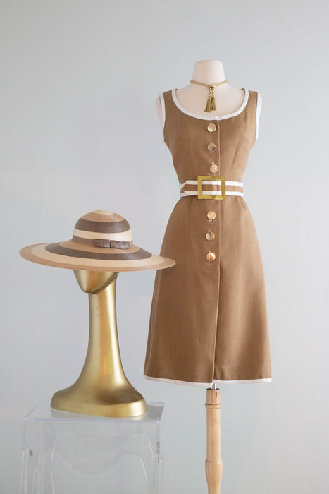 Fabulous 1960's Coffee & Cream Linen Dress By Miss Elliette / SM