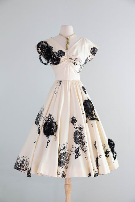 Fabulous 1950's Designer Ben Reig Silk Occasion Dress With Black Raffi Xtabay Vintage Fabulous 1950's Designer Ben Reig Silk Occasion Dress With Black Raffi Xtabay Vintage