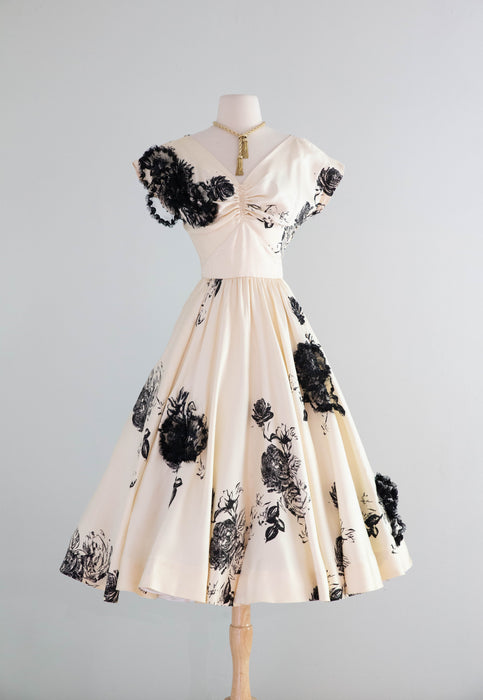 Fabulous 1950's Designer Ben Reig Silk Occasion Dress With Black Raffi Xtabay Vintage Fabulous 1950's Designer Ben Reig Silk Occasion Dress With Black Raffi Xtabay Vintage