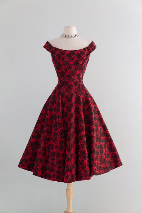 Stunning 1950's Estevez Crimson & Black Floral Brocade Cocktail Dress Xtabay Vintage Stunning 1950's Estevez Crimson & Black Floral Brocade Cocktail Dress Xtabay Vintage