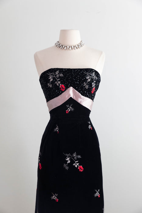 Iconic 1950's Cocktail Dress By Emma Domb With Embroidered Roses on Black Velvet / Small