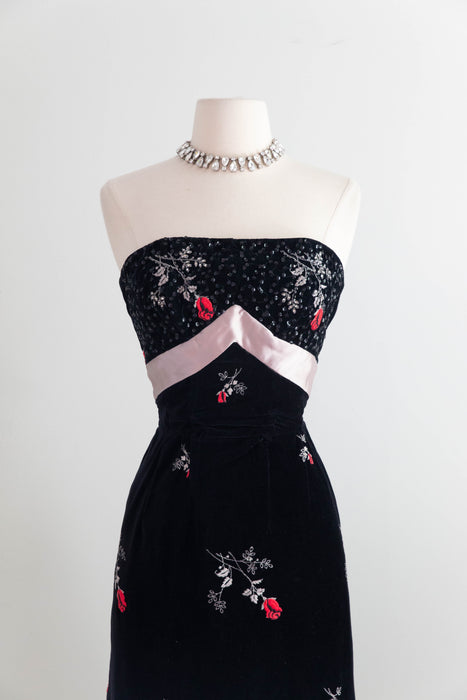 Iconic 1950's Cocktail Dress By Emma Domb With Embroidered Roses on Black Velvet / Small