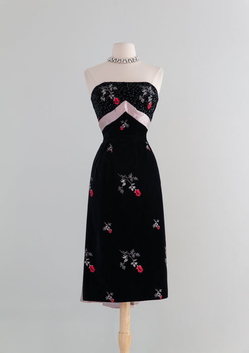 Iconic 1950's Cocktail Dress By Emma Domb With Embroidered Roses on Black Velvet / Small