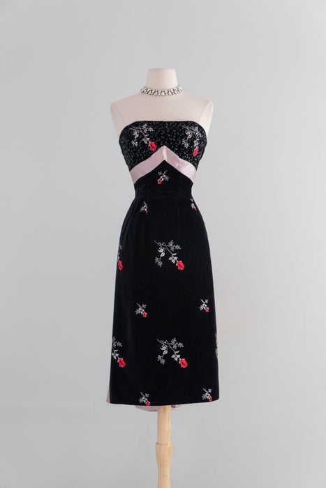 Iconic 1950's Cocktail Dress By Emma Domb With Embroidered Roses on Black Velvet / Small