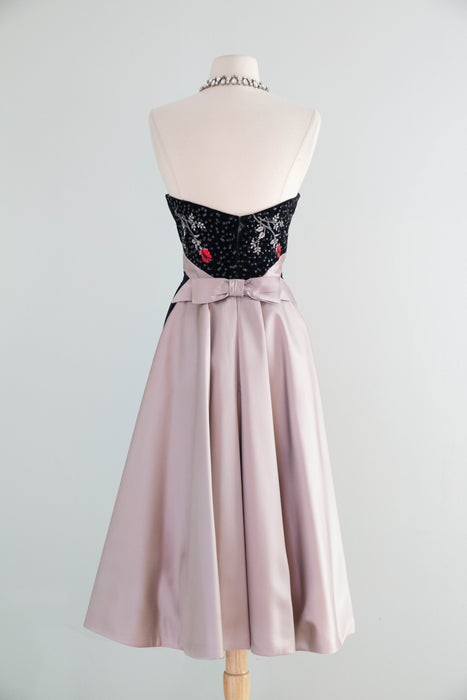 Iconic 1950's Cocktail Dress By Emma Domb With Embroidered Roses on Black Velvet / Small
