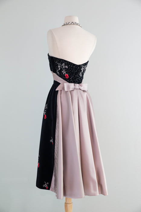 Iconic 1950's Cocktail Dress By Emma Domb With Embroidered Roses on Black Velvet / Small