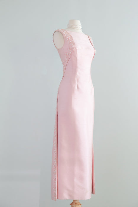 Stunning 1965 Pierre Balmain Peony Pink Shantung Silk Beaded Evening Gown / SM