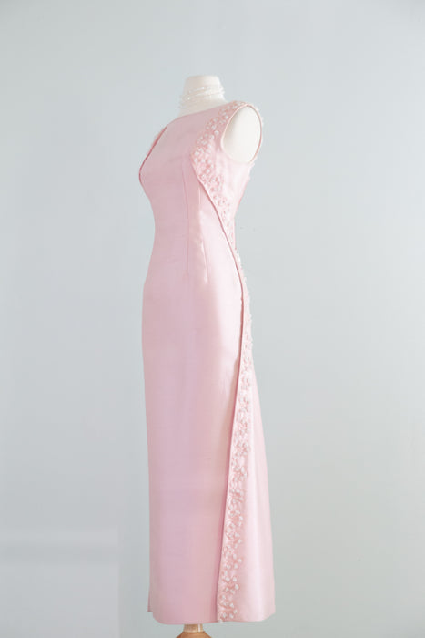 Stunning 1965 Pierre Balmain Peony Pink Shantung Silk Beaded Evening Gown / SM