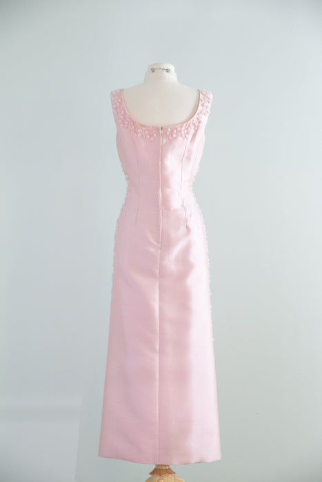 Stunning 1965 Pierre Balmain Peony Pink Shantung Silk Beaded Evening Gown / SM