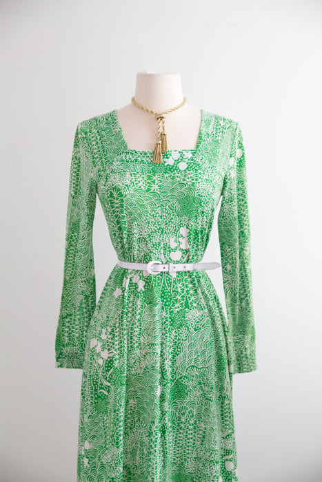 Fabulous 1970's Summer Green Cotton Jersey Maxi Dress / M