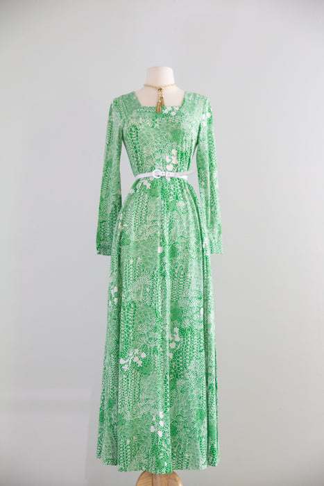 Fabulous 1970's Summer Green Cotton Jersey Maxi Dress / M