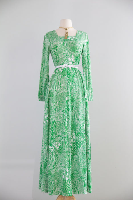Fabulous 1970's Summer Green Cotton Jersey Maxi Dress / M