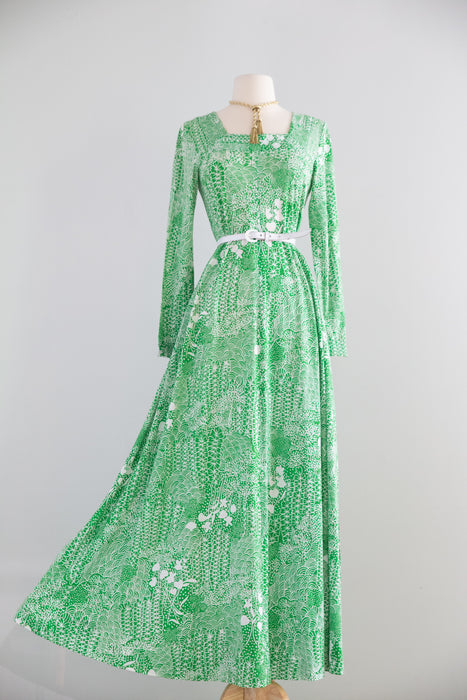 Fabulous 1970's Summer Green Cotton Jersey Maxi Dress / M