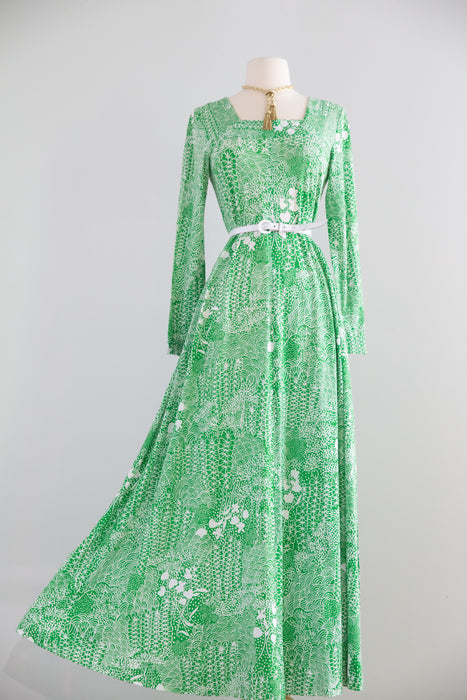 Fabulous 1970's Summer Green Cotton Jersey Maxi Dress / M