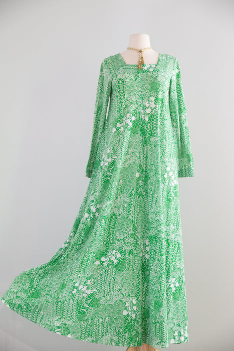 Fabulous 1970's Summer Green Cotton Jersey Maxi Dress / M