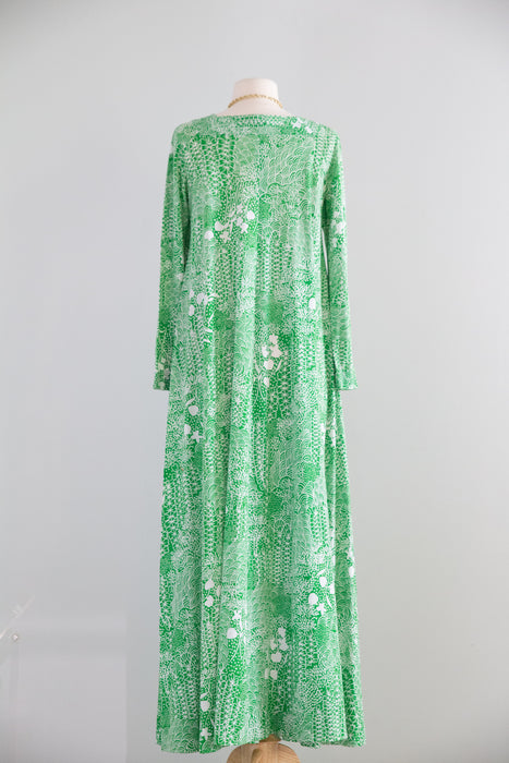 Fabulous 1970's Summer Green Cotton Jersey Maxi Dress / M