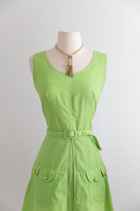 Darling 1960's Lime Green Cotton Mini Dress With Pockets! / Med.