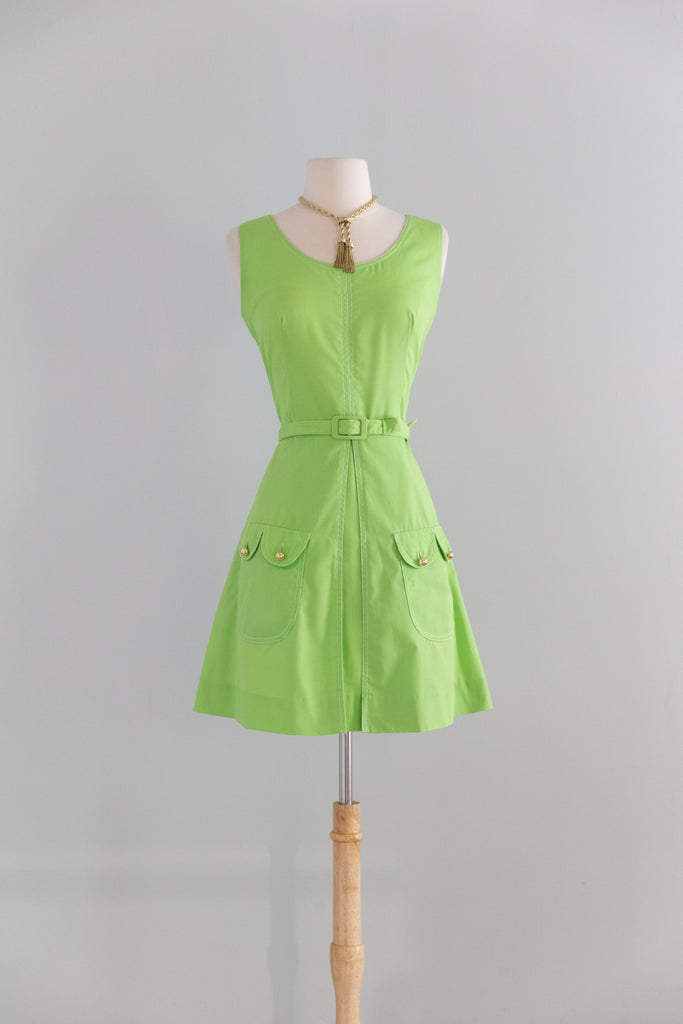 Darling 1960's Lime Green Cotton Mini Dress With Pockets! / Med. – Xtabay Vintage
