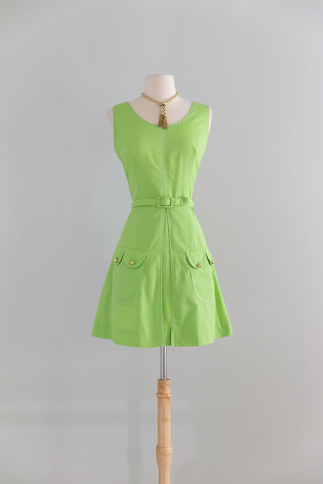 Darling 1960's Lime Green Cotton Mini Dress With Pockets! / Med.