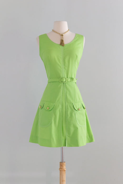 Darling 1960's Lime Green Cotton Mini Dress With Pockets! / Med.
