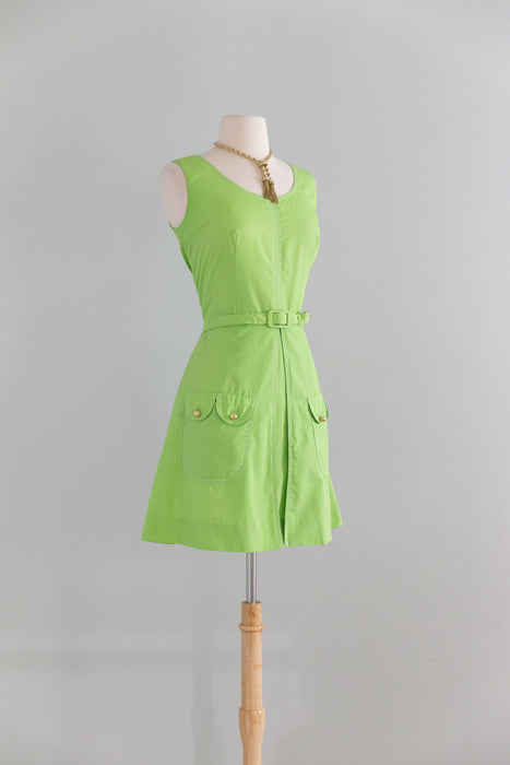Darling 1960's Lime Green Cotton Mini Dress With Pockets! / Med.