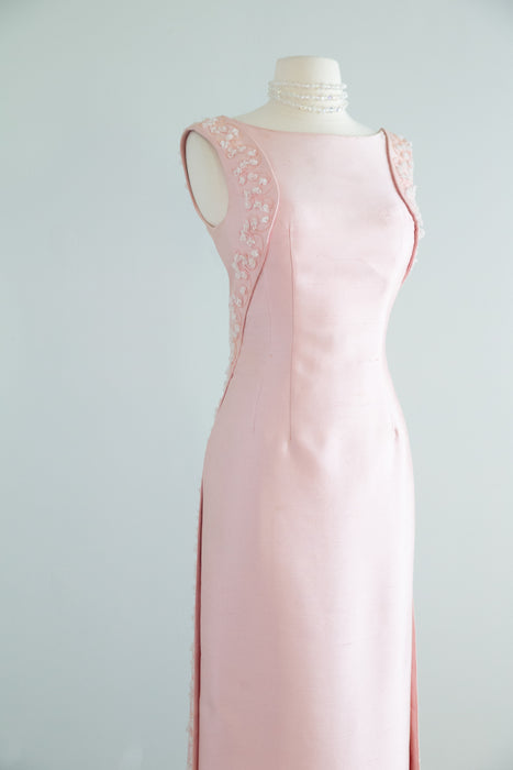 Stunning 1965 Pierre Balmain Peony Pink Shantung Silk Beaded Evening Gown / SM