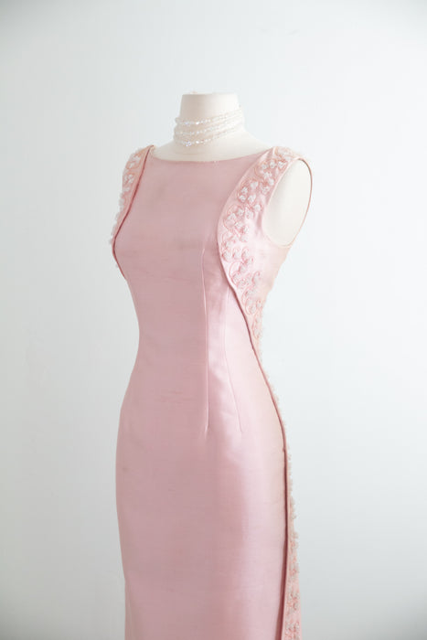 Stunning 1965 Pierre Balmain Peony Pink Shantung Silk Beaded Evening Gown / SM