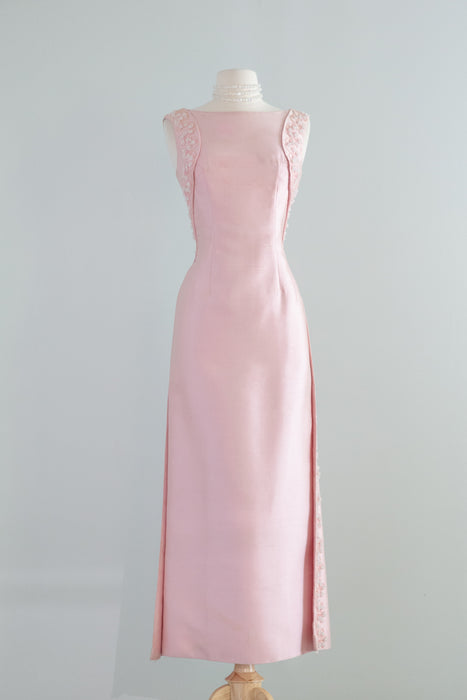 Stunning 1965 Pierre Balmain Peony Pink Shantung Silk Beaded Evening Gown / SM