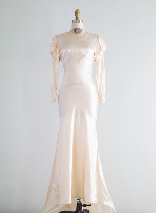 Exquisite 1930's Liquid Silk Bias Cut Wedding Gown With Puff Sleeves / Petite XS