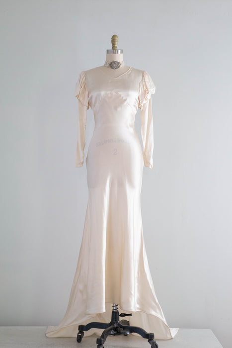 Exquisite 1930's Liquid Silk Bias Cut Wedding Gown With Puff Sleeves / – Xtabay Vintage