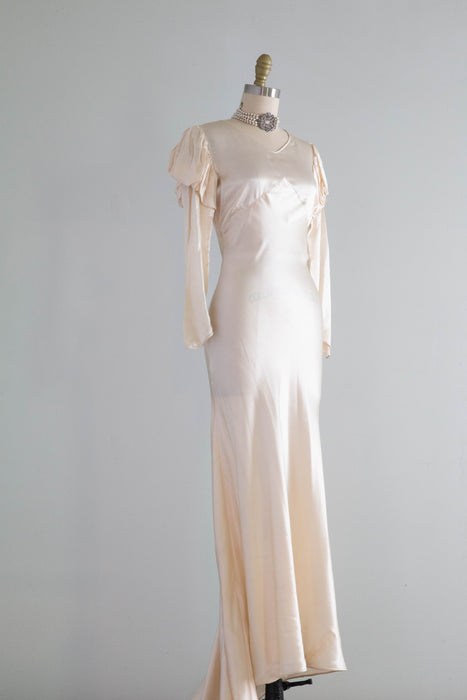 Exquisite 1930's Liquid Silk Bias Cut Wedding Gown With Puff Sleeves / Petite XS