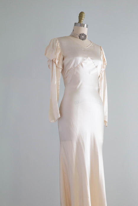 Exquisite 1930's Liquid Silk Bias Cut Wedding Gown With Puff Sleeves / Petite XS