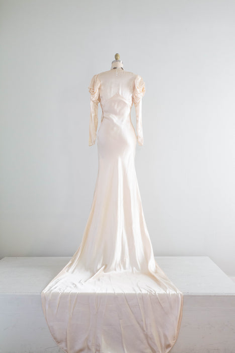 Exquisite 1930's Liquid Silk Bias Cut Wedding Gown With Puff Sleeves / Petite XS