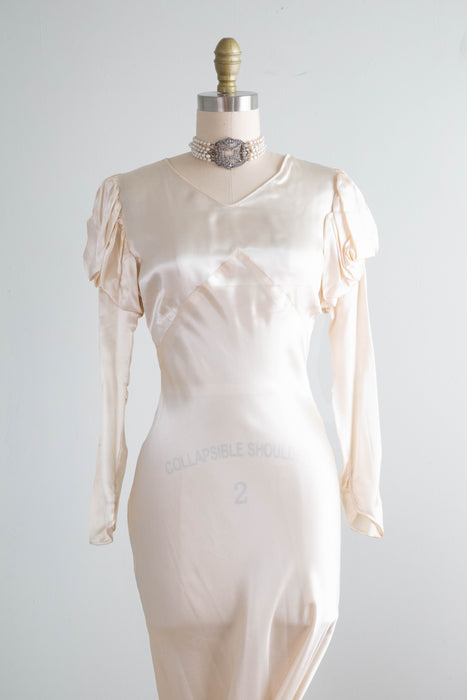 Exquisite 1930's Liquid Silk Bias Cut Wedding Gown With Puff Sleeves / Petite XS