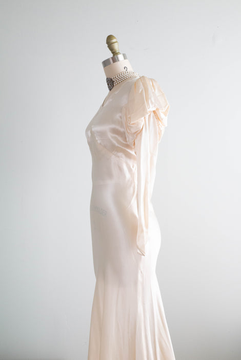 Exquisite 1930's Liquid Silk Bias Cut Wedding Gown With Puff Sleeves / Petite XS