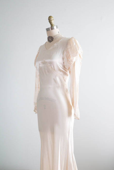 Exquisite 1930's Liquid Silk Bias Cut Wedding Gown With Puff Sleeves / Petite XS