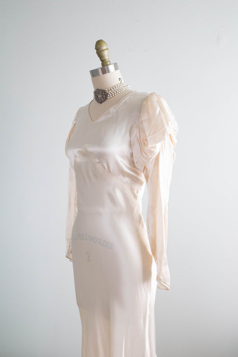 Exquisite 1930's Liquid Silk Bias Cut Wedding Gown With Puff Sleeves / Petite XS