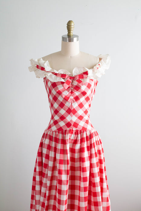 Splendid 1930's Red and White Cotton Gingham Summer Party Dress / Sm